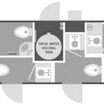 image displays the floor plan of a luxury portable restroom trailer