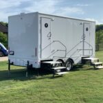 image shows an 8-stall portable restroom trailer, likely part of the "Calypso Series" or a similar luxury model