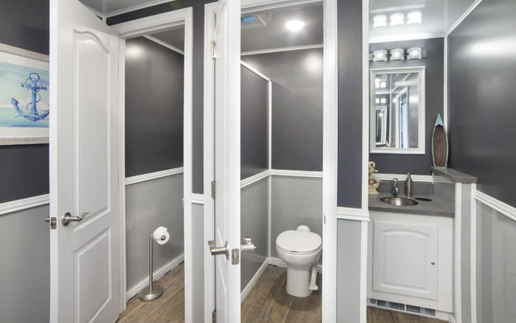 Luxury restroom trailer setup by DFW Toilets in Arlington, Texas